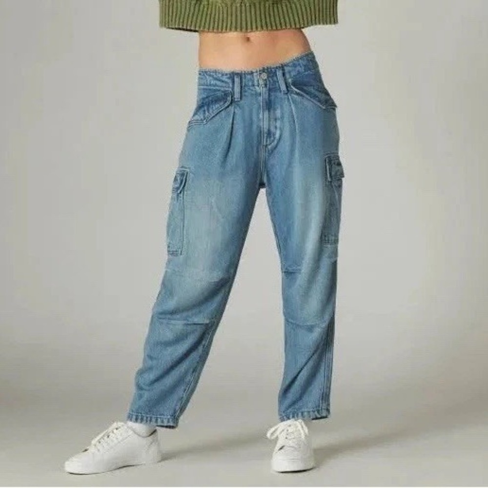 Lucky Brand Liquid Denim Luxe Cargo Jeans Womens 0/25 27x26 Blue‎ Barrel 7W15804
